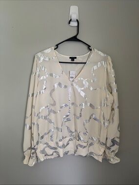 Ann Taylor Factory Ivory V-Neck Blouse with Silver Ribbon Accents